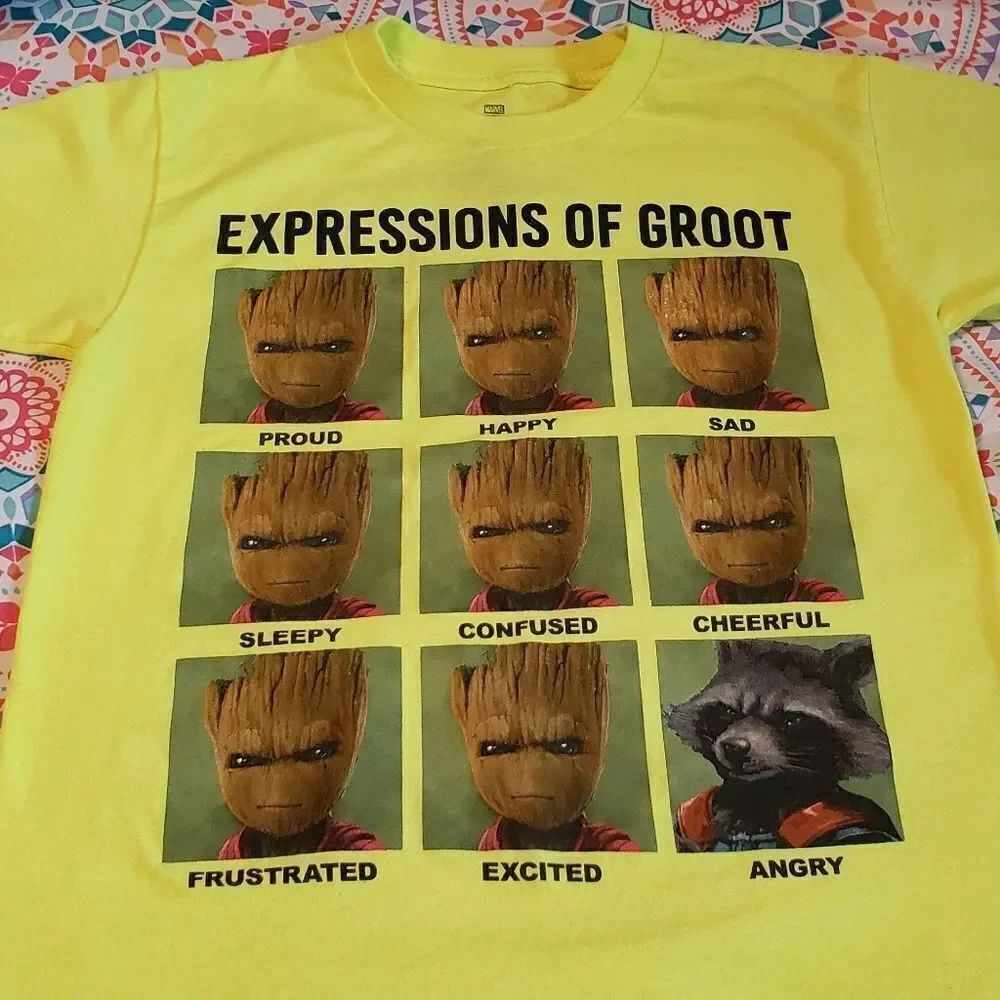 Marvel Boys "Expressions of Groot" Yellow T-Shirt Sz L (10-12)